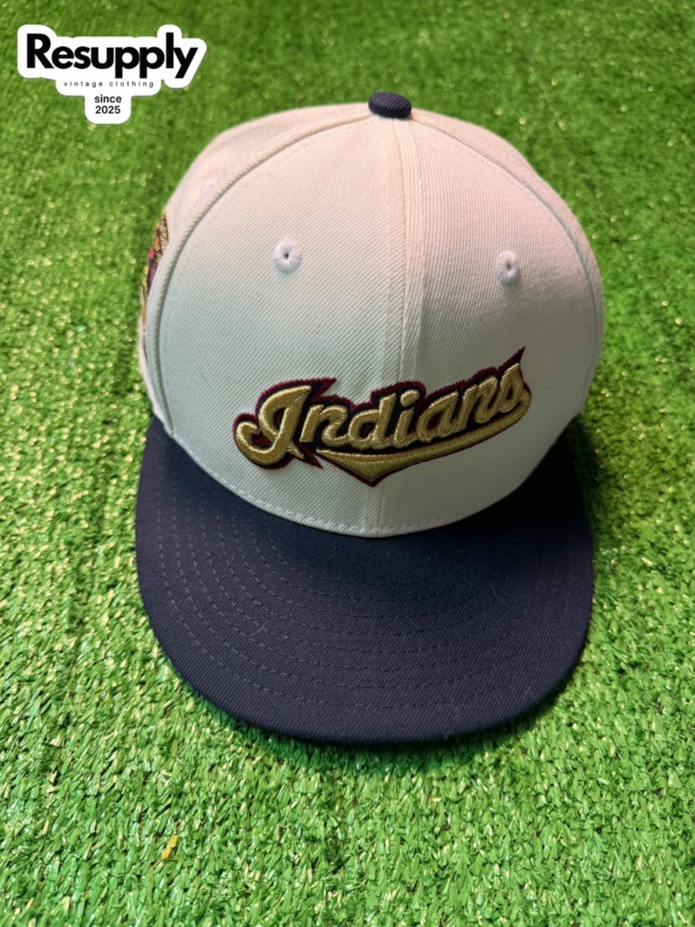Cleveland Indians Script Baseball Cap in Cream and Navy